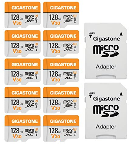 GIGASTONE Tarjeta de Memoria Micro SD 128GB, Paquete de 10, Vídeo 4K UHD, Cámara de Vigilancia y Seguridad, Cámara de Acción, Drone Profesional, 95MB/s Micro SDXC UHS-I A1 Clase 10