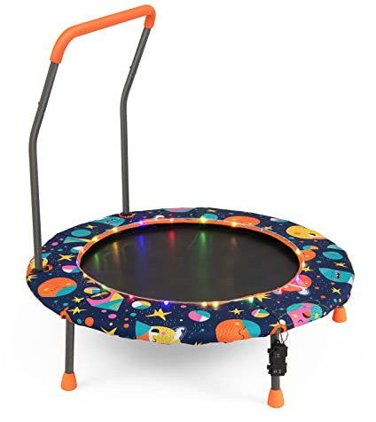 COSTWAY Trampolino per Bambini da Interno ed Esterno, Tappeto Elasctico Bambini 3-6 Anni in Acciaio con Maniglia Rimovibile, Luci LED, Cuscinetti Antiscivolo e Copertura Protettiva (Blu scuro)