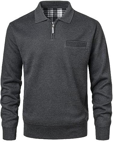 Yukirtiq Suéter de Punto de Forro Polar para Hombre con Media Cremallera Manga Larga Sudadera Ligera Invierno Suéter con Cuello Polo Pullover con Bolsillo