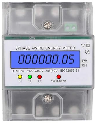 Alnicov Digital Electricity Meter with LCD Display 3 x 230/400 V 5(100) A Intermediate Meter AC Meter for 35 mm DIN Rail Electricity Meter 3 Phases 4 Conductors