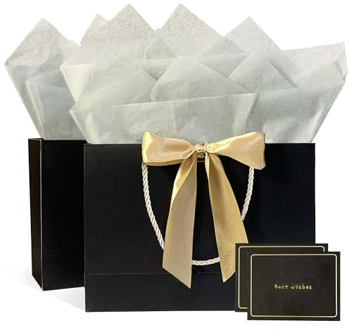 Geschenktüten, 2 Stück Papiergeschenktüten mit 2 Taschentuch und 2 Karten, Geschenktüten mit Griffen für Frauen, Mädchen, Brautjungfern, Geburtstage, Valentinstag und Hochzeitsfeiern (Schwarz)