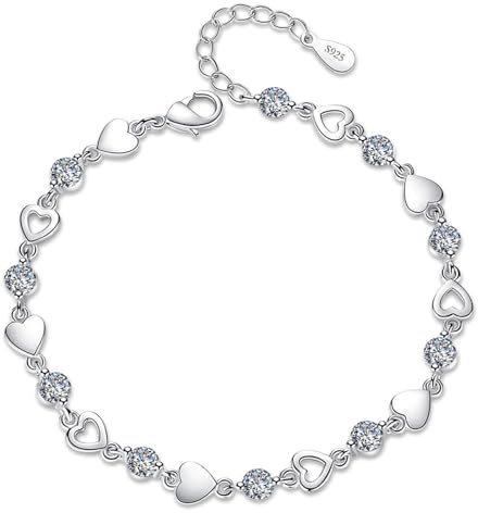Sterling Silver Love Heart Bracelet for Women - 925 Silver Shiny Crystal Diamond Adjustable Charm Bracelet for Girls - Ladies Jewellery