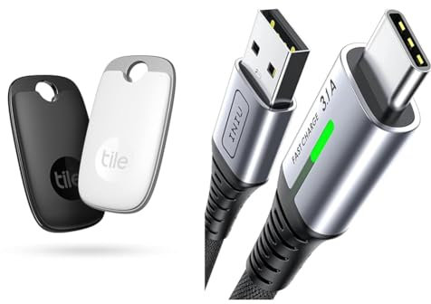 Tile Pro Bluetooth Item Finder, 2 Pack, 120m finding range, works with Alexa and Google Smart Home & INIU USB C Charger Cable 2m 3.1A Type C Cable Fast Charging, Braided USB A to USB-C Phone Charger