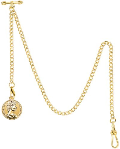 ManChDa Taschenuhr Kette - Kette Taschenuhr - taschenuhr Kette t bar mit Königin Anhänger, Curb Link Kette 2 Haken Antik Fob T-Bar für Herren Gold Albert