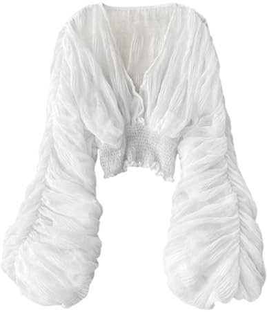 Women's Lace Tops Puff Long Sleeve V-Neck Casual Blouses Shirts Sexy Ruffle Long Sleeve Summer Lace Tops 2024 Puff Flare Shirt Hollow Out Button Down Tunic Blouses Fashion Chiffon Top, O White, One