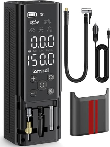 Lamicall Compresor Aire Portatil, 150 PSI Inflador Rueda Coche - [7500 mAh Bateria & 12V DC] con Pantalla LCD Digital y Luz LED, Banco de Energía, Hinchador con 3 Boquilla para Coche/Bici/Moto/Pelota