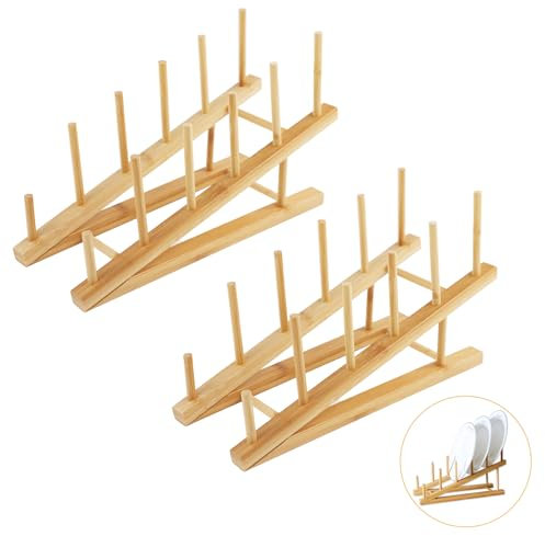WATUNID 2 PCS Wooden Dish Rack, Bamboo Plate Rack for Cupboard, Multifunctional Dish Stand Drainers, Dish Drying Rack Pot Lid Holder, Kitchen Cabinet Organizer for Bowl Cup Cutting Board Book