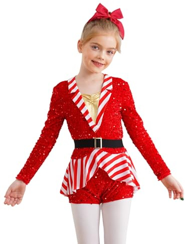 Fldy Vestido de Navidad para niña, mono de manga larga, con estampado de bastón de caramelo, maillot con purpurina para niños, ballet, gimnasia, fiesta de Navidad, rojo, 134 cm-140 cm