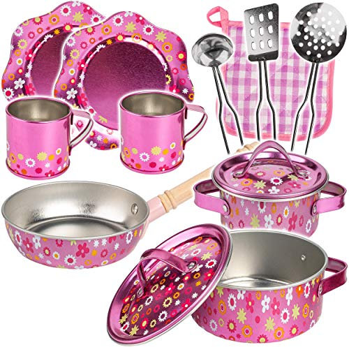 alles-meine.de GmbH 13 TLG. großes Set Kochset & Topfset + Puppengeschirr/Kochtopfset - Bunte Blumen - aus Metall/Emaille - echte Blech Töpfe/Panne + Küchenhelfer - Kochg..