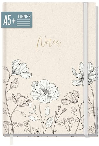 Häfft paper&you® Anteckningsbok A5+ linjerad Bläckblommor | Anteckningsbok med 156 linjerade sidor och gummiband, papper 100 g/m² – för dagboksskrivande och anteckningar