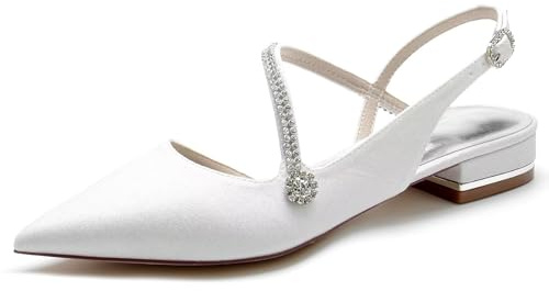 IvoireCh - Zapatos planos de satén con abalorio para mujer, cómodos zapatos de novia blancos con correa al tobillo, zapatos de fiesta de graduación