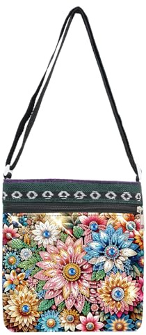 DCIDBEI Diamond Painting Sac Bandoulière en Toile 21x22cm Peinture par Numéros Grand Sac à Bandoulière de Voyage Diamant Painting Besace pour Voyage Sac Messager Extensible Fleurs