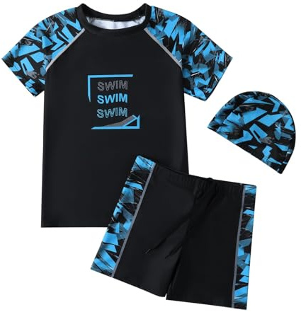 Mayoii Boys Swimming Costume,Big Kids Swim Trunks & Short Sleeve Rash Guard Shirt & Swim Cap,Two Piece Swimsuit T-Shirt Short Set (UK, Age, 10 Years, 11 Years, Regular, Standard, Blue Camouflage)