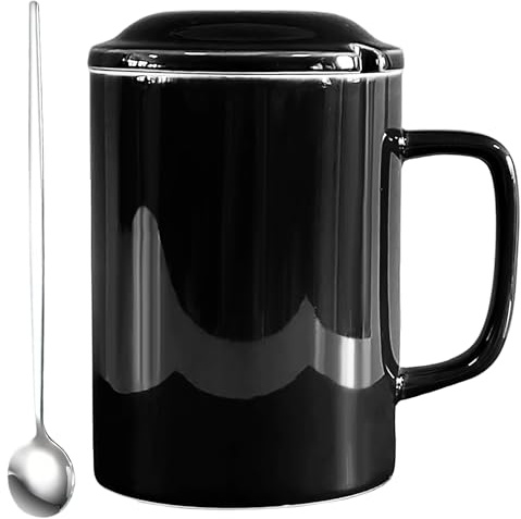 NIUKOMY Tazza Jumbo Grande 1000ML, Tazze Gigante, Tazza da Caffè Extra Large in Ceramica con Coperchio e Cucchiaio per Ufficio e Casa, Nero