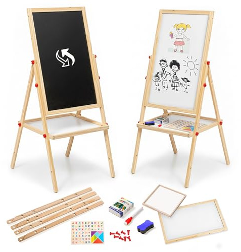 FB Funkybuys 100cm Kids Easel Double Sided with Whiteboard & Chalk Board | 54pc Magnetic Letters and Numbers for Children, Coloured Chalk, Dry Erase Marker, Whiteboard Eraser Sponge and Storage Tray
