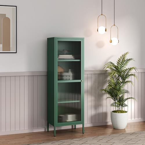 [en.casa] Vitrina Säkylä Aparador para Salón Mueble Auxiliar para Comedor Cocina Dormitorio con Puerta de Cristal y 4 Compartimentos Acero 150 x 50 x 35 cm - Verde Abeto y Translúcido