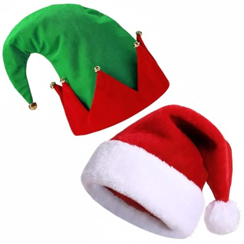 ZANGOC Novelty Christmas Hats – 2 Pack | Holiday Costume Accessories for Men and Women| Xmas Party Hats & Fancy Dress Set - Elf Hat with Bell Rings + Santa Legs Hat–Christmas Santa Red Plush Hat