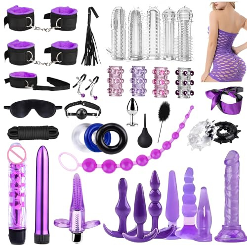 Oziral Set bondage premium da 39 pezzi, kit di contenimento completo, include giocattoli sessuali per coppie e donne, sistemi di contenimento e accessori per il bondage a letto, nero e viola