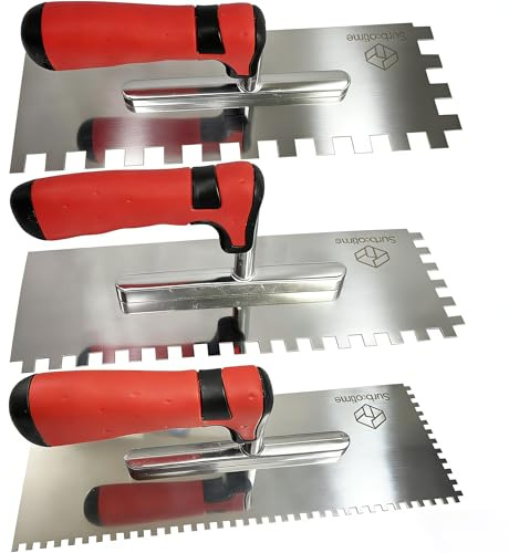 3-Piece Tile Set, Stainless Steel Square Notch Trowel with Sizes of 4, 8 and 12 mm, with Comfortable Rubber Grips, Suitable for Wall and Floor Tile Installation