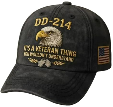 DD-214 Army Veteran Hat, Embroidered Patriotic Baseball Cap, Patriotic Veteran Day Gifts for Retired Soldiers (Black)