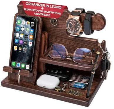 Avilia - Organizer in Legno con Supporto Smartphone e Porta Orologi – Stazione di Ricarica e Svuotatasche da Scrivania o Comodino – 25,5x15x18,5 cm – Design Naturale Elegante e Multiuso