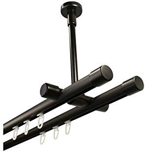 iso-design Gardinenstange Innenlauf schwarz 2-läufig Deckenmontage, 20 mm Durchmesser, großer Deckenabstand, Deckenhalter kürzbar, Endstück Kappe, 280 cm (2 x 140 cm)