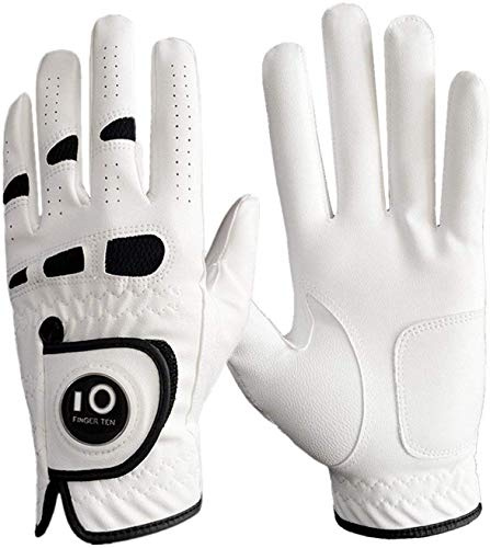 FINGER TEN Golf Gloves Men Left Hand Right with Ball Marker Cabretta Leather Weathersof Value Pack, Rain Grip Golf Glove Mens Wear Resistant (L,1 Pack(Worn on Left Hand)