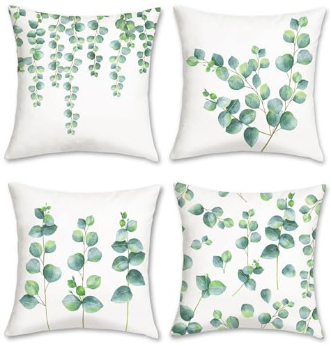 Bonhause 4er Set Kissenbezüge Blätter Eukalyptus 45 x 45 cm Pflanzen Grün Dekorative Kissenhülle Zierkissenbezüge für Sofa Schlafzimmer Wohnzimmer Auto Zuhause Dekoration