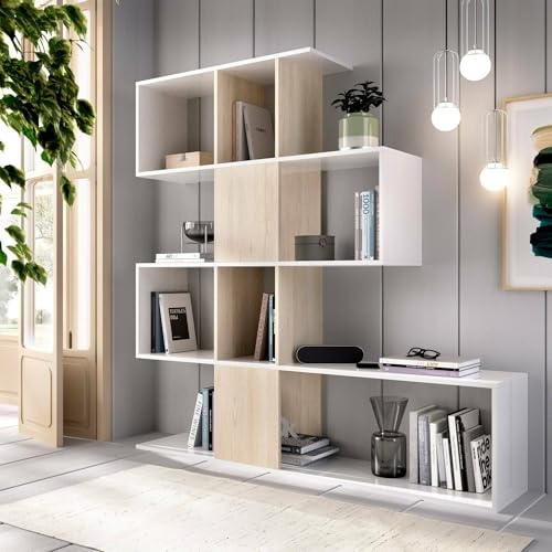 Libreria Moneglia, Scaffale da ufficio multiuso, Mobile biblioteca portalibri a 4 ripiani, 145x29h145 cm, Bianco lucido e Rovere