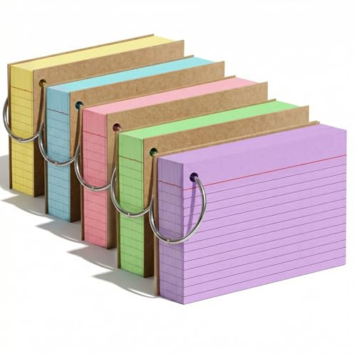 Koogel Flash Cards A7 Index Cards with Metal Ring 400Pcs 5 Colour Double Sided Revision Stationery School Supplies 10.5×7.4cm Ruled Study Sheets
