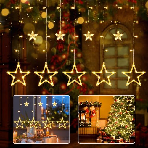 iShabao Christmas Star Curtain Lights, 138 LED Curtain Fairy Lights with 12 Stars, 8 Modes Christmas Decorations Window Lights for Xmas Tree, Party, Wedding, Garden, Bedroom (Warm White)