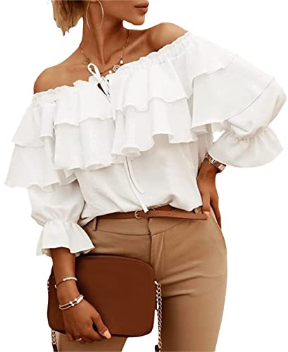 FeMereina Women's Off Shoulder Ruffle Long Sleeve Blouses Casual Layered Tops Casual Ruffles Tie-Up Chiffon Summer Tops