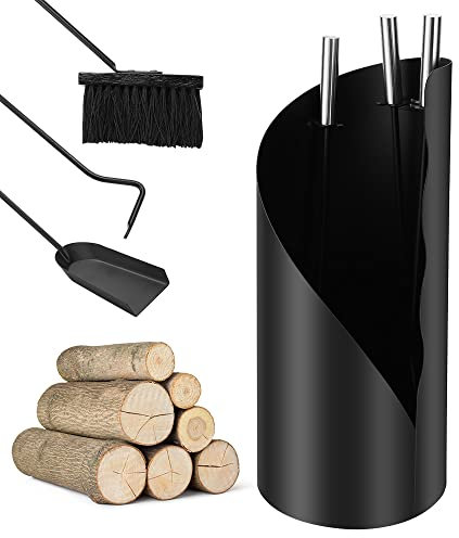 Jopassy Kaminbesteck Schwarz 4 teilig Edelstahl Kaminbesteck mit Schaufel, Besen, Schürhaken, Ständer zum Anhängen für Küche Haushalt Wohnen Wohnaccessoires Deko Kaminreinigungsset Ø20 x 50cm