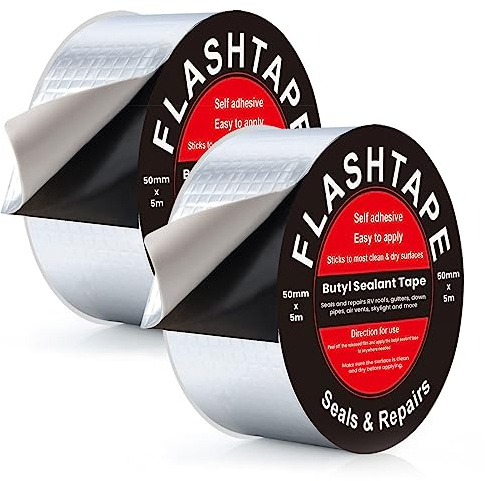 Paquete de 2 cintas de butilo para reparar fugas y grietas en el techo, 50 mm de ancho x 5 m de largo, cinta selladora de aluminio resistente al agua para sellar techos, canalones, tanques, fugas de