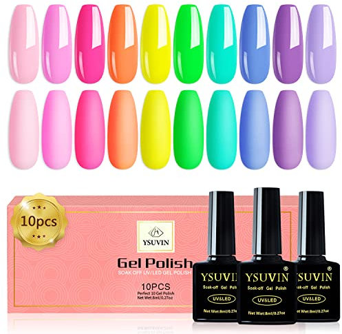 YSUVIN Neon Semi Permanente Smalto, 10 Colori Neon Rosa Giallo Verde Blu Viola Estate Pastello Arcobaleno Smalto Ad Immersione UV Nail Art Kit di Valorizzazione Delle Unghie, Durata