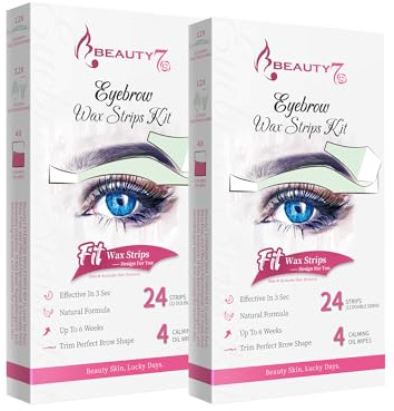 Beauty7 Bandes de Cire Froide Pour Sourcils et Lèvre - Épilation du Visage Pour Peaux Sensibles - 24 Bandes + 4 Lingettes Apaisantes (2 Unités)