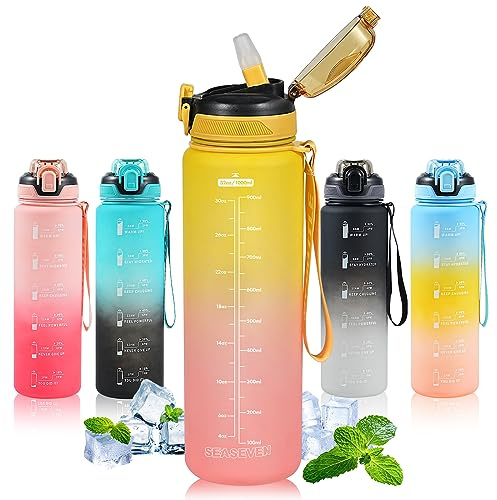 SEASEVEN Sports 1L Water Bottle with Straw for Gym,Office(Yellow-Pink) | Drinks Bottle,1 Litre Water Bottles with Time Markings,Girls Boys Waterbottle Leak-Proof & Bpa-Free for Outdoor