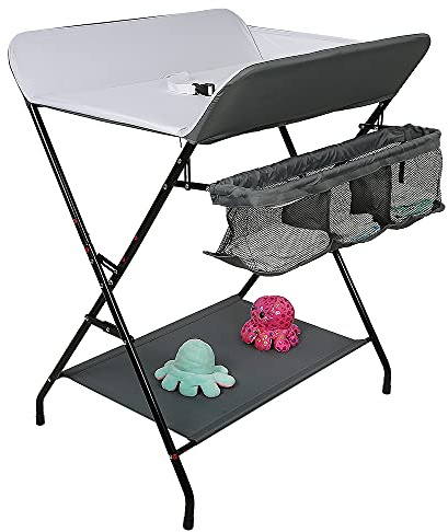 MAYMA - Mesa de cambio plegable con cesta y bandeja, cambiador con altura ajustable y ruedas prácticas, compacta, poco espacio y estable, carga máxima de 11 kg, sala de estar, dormitorio