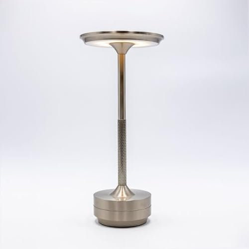 TAP Light Retro Tischlampe Silber Dimmbar I Aluminium Vintage Lampe mit modernem Design I 28cm Hoch Akku betrieben I Elegante Nachttischlampe egal für Wohnzimmer, Esszimmer& Schlafzimmer