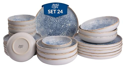 James Cooke Azure Vintage Steinzeug Geschirr-Set für 6 Personen - 24-Teilig - weiss blau gestreift, Relief Oberfläche - Spülmaschinen-, Ofen- & Mikrowellenfest