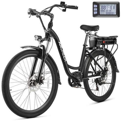 ANCHEER Electric Bike for Adults, 48V 499Wh Ebike, 26 City Commuter Bike with 48V Removable Battery, Up to 55 Miles, 3H Fast Charge, 7-Speed, Step-Thru Cruiser Bike for Women Men, UL2849 Compliant
