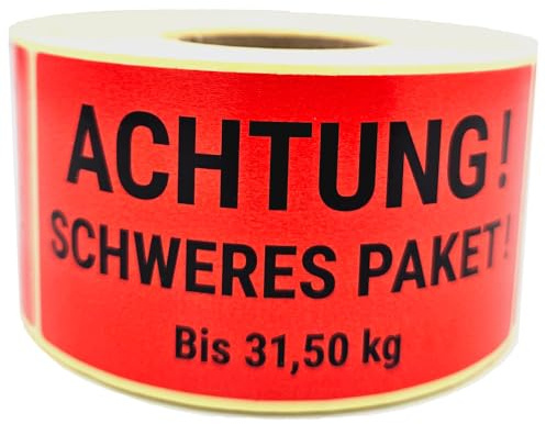 TPS247 varningsetiketter fraktdekal (observera tungt paket upp till 31,50 kg) på rulle, etikettstorlek 100 x 50 mm, mängd 500 stycken/rulle, självhäftande, permanent självhäftande, premium (100 x 50