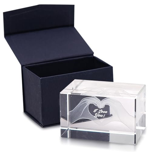 Cisolen Crystal Gifts for Her Him Engraved with I Love You in Cube Glass Figurines Gift 3D Heart in Hands Crystal Engraved 3D Best Gift for Mom Valentine's Day Gifts Anniversary Birthday Presents