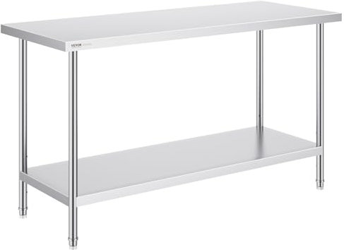 VEVOR Stainless Steel Prep Table, 24 x 60 x 34 Inch, Heavy Duty Metal Worktable with 3 Adjustable Height Levels, Commercial Workstation for Kitchen Garage Restaurant Backyard