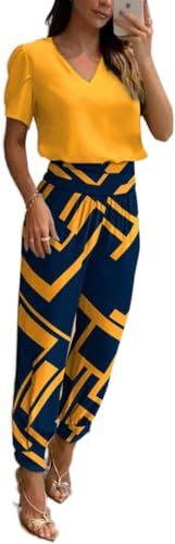 Conjunto de Pantalones Largos con Estampado Floral Informal de Verano de Dos Piezas con Cuello en V Traje de Ocio Sudadera Top de Manga Corta Pantalones Rectos de Pierna Ancha (Amarillo,S)