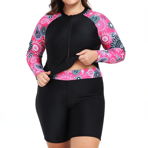 Owntop Rash Guard da donna, taglie forti, 2 pezzi, UPF 50+, maglietta a maniche lunghe con cerniera e pantaloncini a vita alta, abbigliamento da bagno ad asciugatura rapida, costume da bagno per nuoto