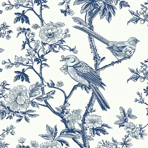 YENHOME Papier Peint Autocollant Bleu Oiseau Feuille Motif Vintage 44.5×300cm Tapisserie Autocollante Murale Chambre Blanc Bleu Papier Peint Adhesif Murale Motif Oiseaux pour Salon Chambre Cuisine
