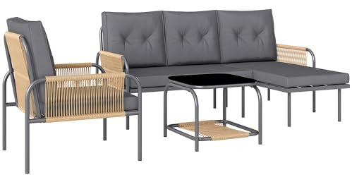 Outsunny Set di Mobili da Giardino in Rattan 4 Pezzi, Salotto da Esterno con Divanetto 2 Posti, Poltrona, Chaise Longue con Cuscini Lavabili e Tavolino in Vetro, Set Giardino Esterno, Grigio Scuro