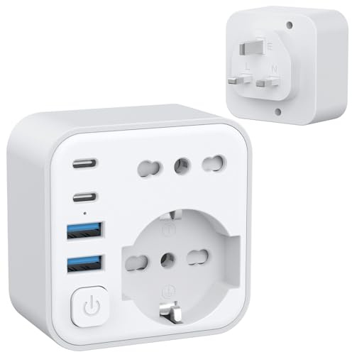 Aochxin Adattatore Presa Inglese, 6 in 1 Adattatore Inglese Italiano con 4 USB, per Regno Unito, lrlanda, Malesia, Singapore, Hong Kong, Adattatore Prese Inglese 3680W, Spina da Viaggio (Tipo G)