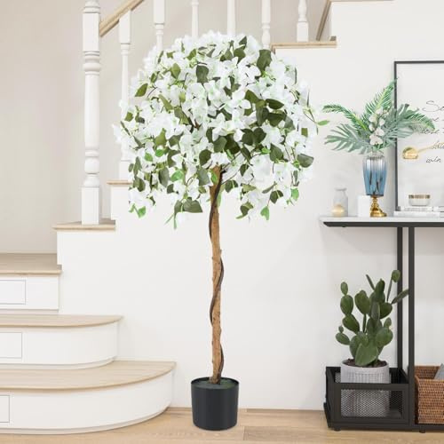 TANGZON Artificial Azalea Tree, 130CM/4.3FT Faux Blossom Tree in Pot with 576 Flowers, 288 Leaves & Natural Wood Trunk, Indoor Outdoor Decorative Fake Plant for Living Room Office Garden (1, White)